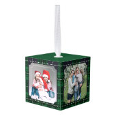 家族5フォトコラージグリーンプレイド キューブオーナメント (裏面アングル)