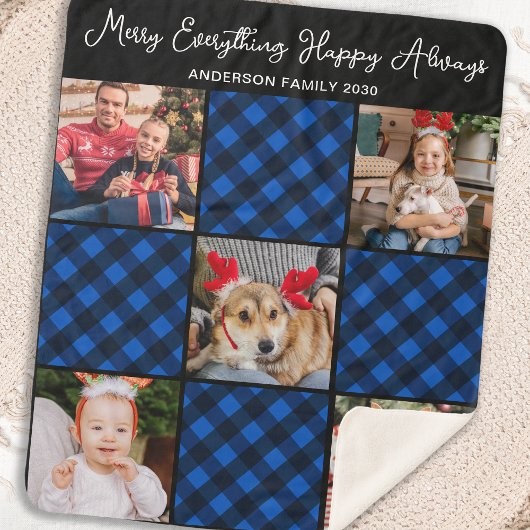 家族5フォトコラージュパーソナライズされたブループレイド シェルパブランケット