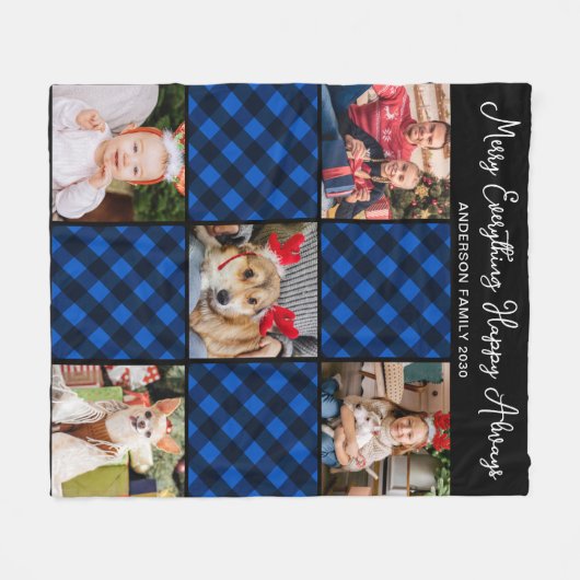 家族5フォトコラージュパーソナライズされたブループレイド フリースブランケット (正面(横))