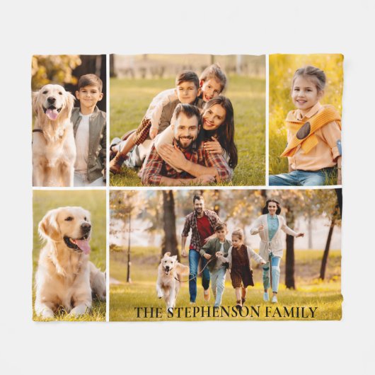 家族5フォトコラージュ名シンプル式 フリースブランケット (正面(横))