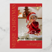 家族5枚の写真メリークリスマスレッド金ゴールド 箔シーズンカード (正面)