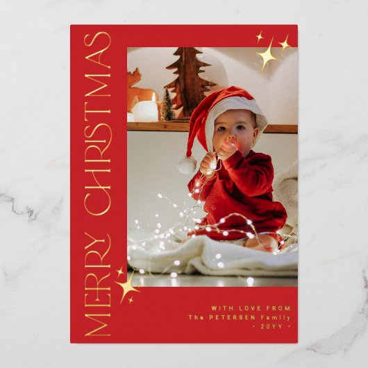 家族5枚の写真メリークリスマスレッド金ゴールド 箔シーズンカード (正面)