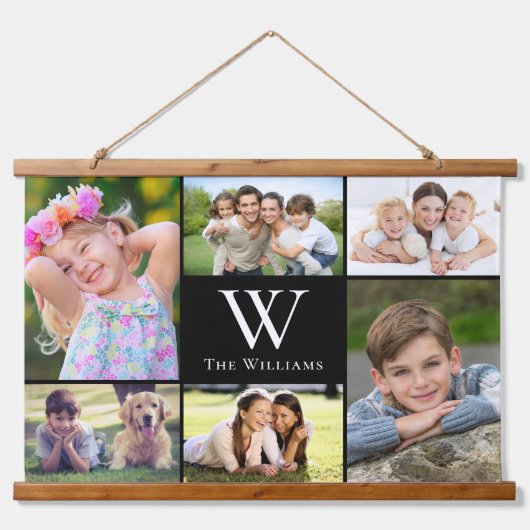 家族6フォトコラージモノグラムブラック 吊り下げ型タペストリー (正面)