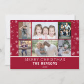 家族6フォトコラージュ赤い雪の結晶クリスマス シーズンカード (正面)