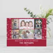 家族6フォトコラージュ赤い雪の結晶クリスマス シーズンカード (スタンド正面)