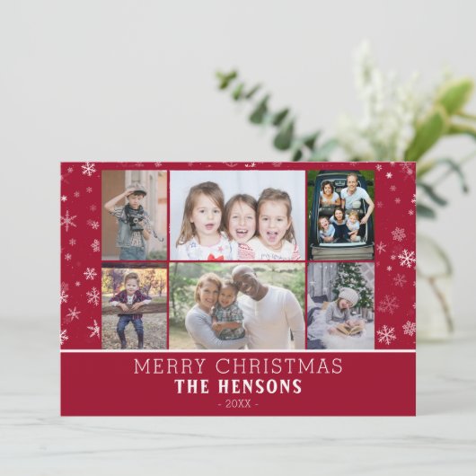 家族6フォトコラージュ赤い雪の結晶クリスマス シーズンカード (スタンド正面)