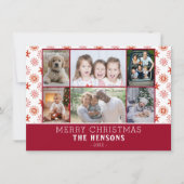 家族6フォトコラージュ赤い雪の結晶クリスマス シーズンカード (正面)