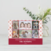 家族6フォトコラージュ赤い雪の結晶クリスマス シーズンカード (スタンド正面)