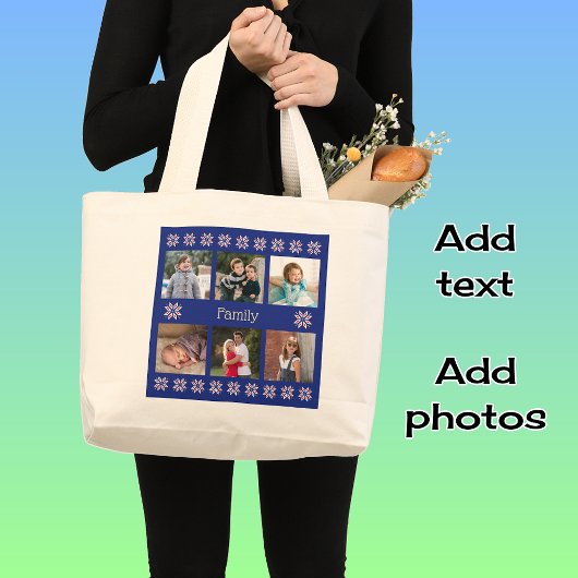 家族6枚の写真カスタム文字ネイビーフレーム冬 ラージトートバッグ