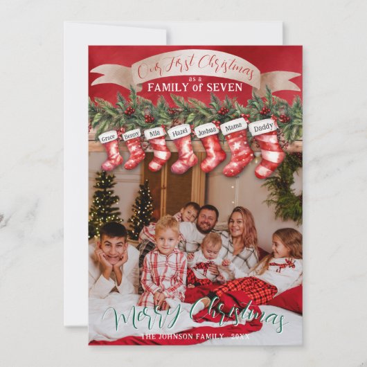 家族7人のクリスマス靴下の写真　赤ちゃんファースト シーズンカード (正面)