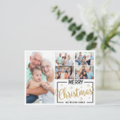家族7写真コラージュ白金ゴールドメリークリスマス シーズンカード (スタンド正面)