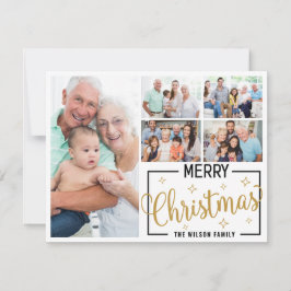家族7写真コラージュ白金ゴールドメリークリスマス シーズンカード