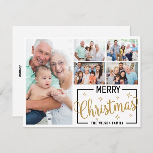 家族7写真コラージュ白金ゴールドメリークリスマス シーズンカード (正面/裏面)