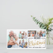 家族7写真コラージュ白金ゴールドメリークリスマス シーズンカード (スタンド正面)