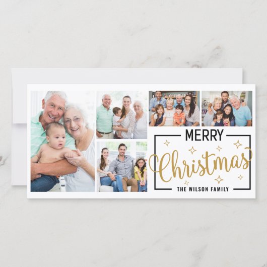 家族7写真コラージュ白金ゴールドメリークリスマス シーズンカード (正面)