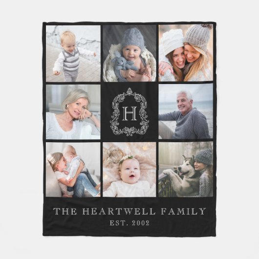 家族8フォトコラージモノグラムクレスト白黒 フリースブランケット (正面)