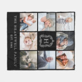 家族8フォトコラージモノグラムクレスト白黒 フリースブランケット (正面(横))