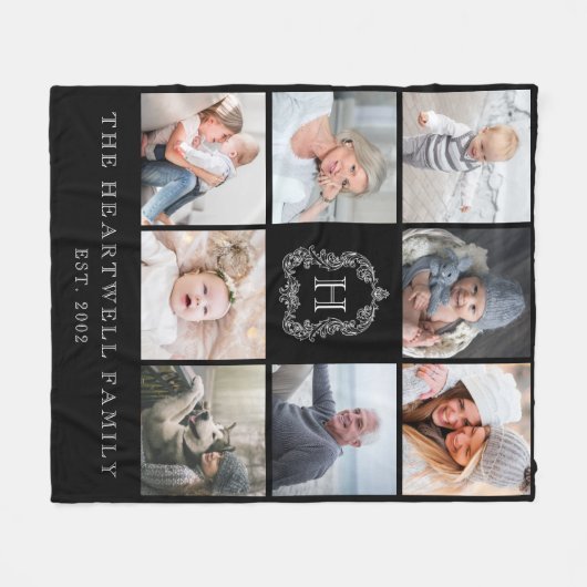 家族8フォトコラージモノグラムクレスト白黒 フリースブランケット (正面(横))