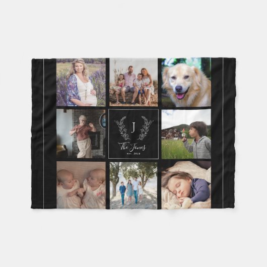 家族8フォトコラージモノグラム名エレガント黒 フリースブランケット (正面(横))
