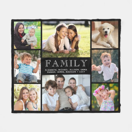 家族8フォトコラージュ黒 フリースブランケット (正面(横))