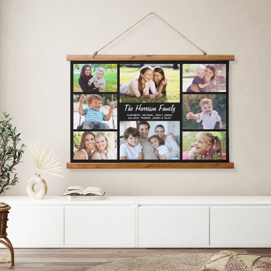 家族8フォトコラージュ黒 吊り下げ型タペストリー