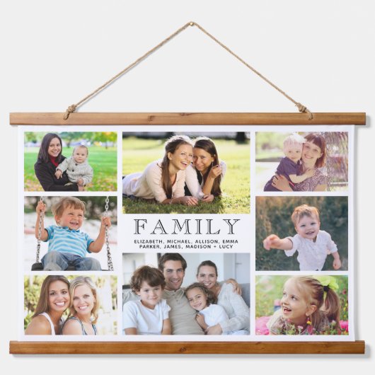 家族8フォトコラージュ 吊り下げ型タペストリー (正面)