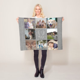 家族8写真コラージモノグラム名rustic burlap フリースブランケット