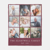 家族9フォトコラージュパーソナライズされたブルゴーニュ フリースブランケット (正面)