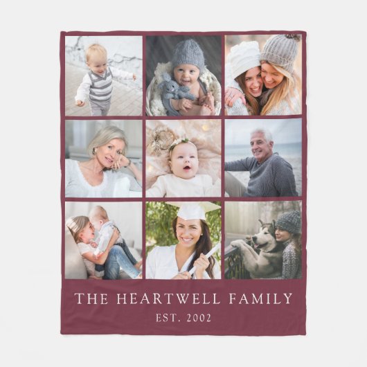 家族9フォトコラージュパーソナライズされたブルゴーニュ フリースブランケット (正面)