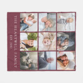 家族9フォトコラージュパーソナライズされたブルゴーニュ フリースブランケット (正面(横))