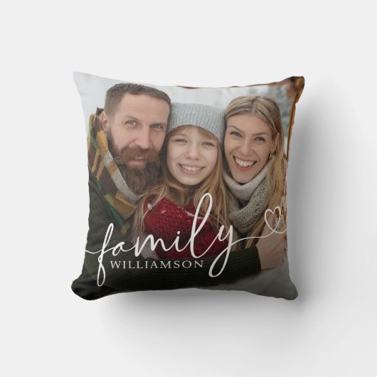 家族 カリグラフィー ハート スクリプト タイポグラフィー フォト クッション (正面)