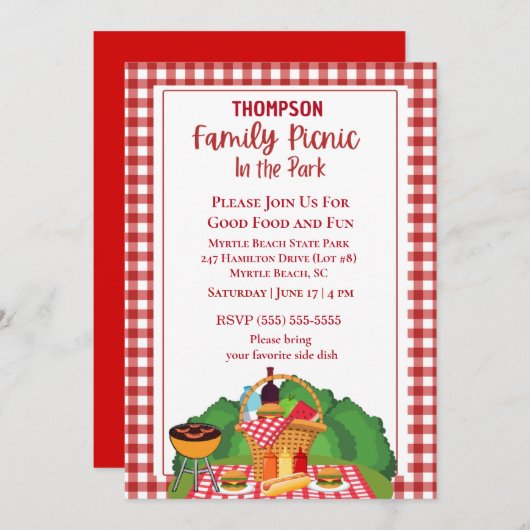 家族 ピクニック バーベキュー 屋外焼肉 グリル 招待状 (正面/裏面)