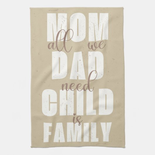 家族(母、パパ、子供)白の砂 キッチンタオル (縦)