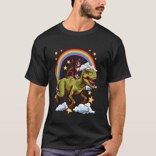 家猫が恐竜に乗っている Tシャツ (正面)