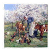 家畜に絵を描くことを食べ物を与えている女の子 タイル (正面)