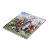 家畜に絵を描くことを食べ物を与えている女の子 タイル (側面)