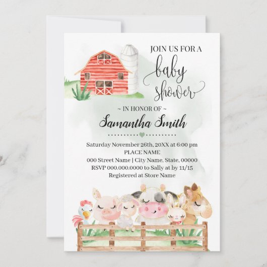 家畜の赤ちゃんシャワー赤ちゃん動物の水色 招待状 (正面)