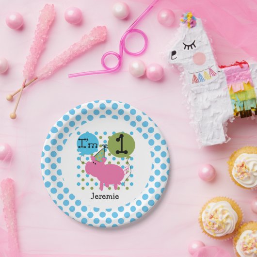 家畜の青いブタの第1誕生日の紙皿 ペーパープレート (パーティー)