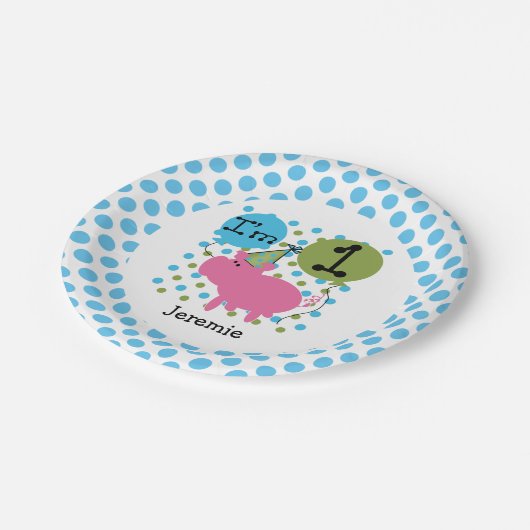 家畜の青いブタの第1誕生日の紙皿 ペーパープレート (アングル)