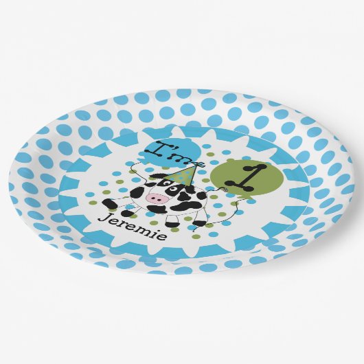家畜青い牛第1誕生日の紙皿 ペーパープレート (アングル)