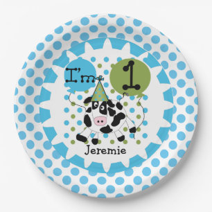 家畜青い牛第1誕生日の紙皿 ペーパープレート