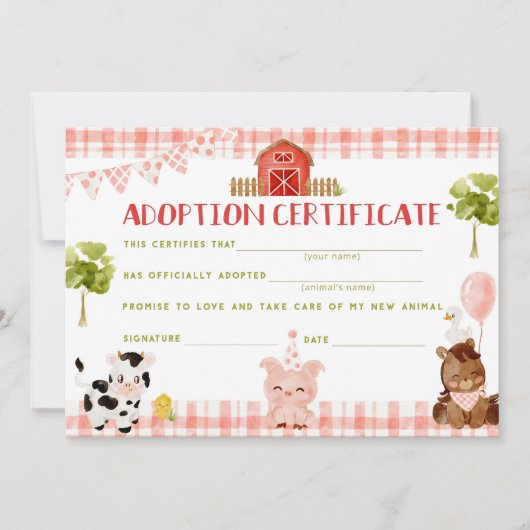 家畜養子縁組証明書の誕生日カード 招待状 (正面)
