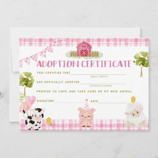 家畜養子縁組証明書の誕生日カード 招待状 (正面)