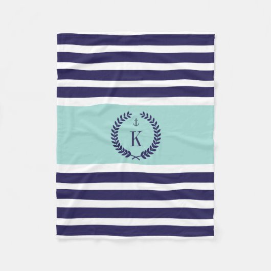 家紋パタパーソナライズされたーンストライプネイビーミント フリースブランケット (正面)