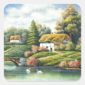家絵を描近くの湖の白鳥 スクエアシール (正面)
