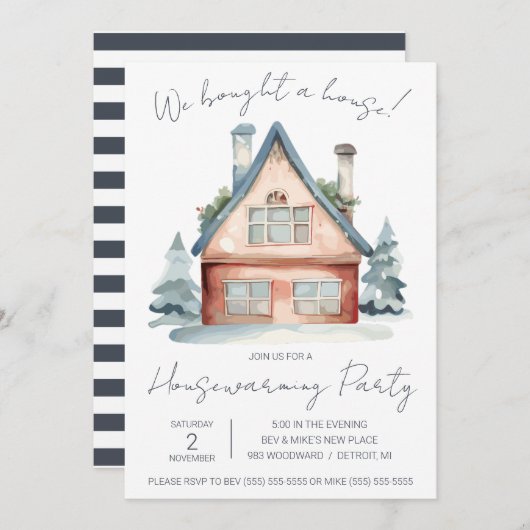 家買だ!かわいい水彩引っ越し祝いパーティー 招待状 (正面/裏面)