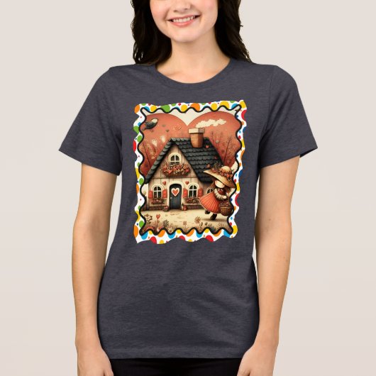 家走の前の小さな女の子 トライブレンドＴシャツ (正面)