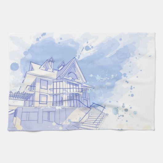 家: 水彩画の引くこと キッチンタオル (横)