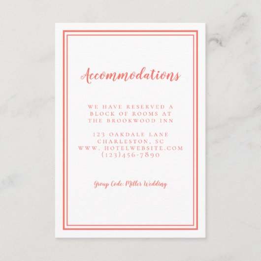 宿泊施設シンプルコーラル結婚ズミニマル エンクロージャーカード (正面)