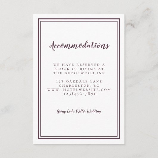 宿泊施設シンプルパープルズ結婚ミニマリスト エンクロージャーカード (正面)